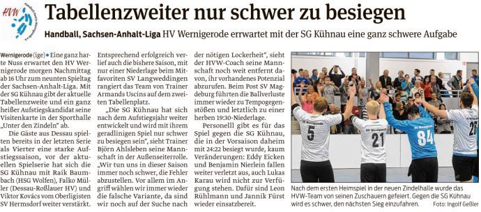 Volksstimme Vorbericht zum Spiel der 1. Mannschaft am Samstag 21.11.15